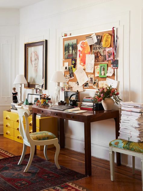 Eclectic Home Office Decor, Table As Desk Home Office, Desk In Small Room, Office With Monitors, Small Desk Areas, Nancy Meyers Office, Desk Area In Living Room, Maximalist Home Office, Closet And Office Combo