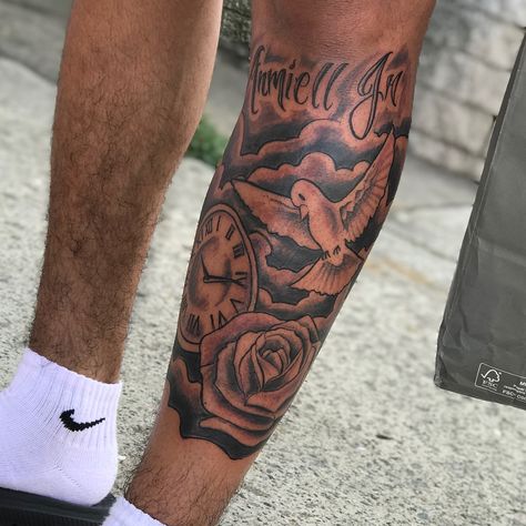 Image may contain: one or more people Rose Tattoo Arm Man, Men’s Rose Tattoo Sleeves, Rose Of No Mans Land Tattoo, Men’s Rose Forearm Tattoos, Men’s Rose Tattoo, Calf Sleeve Tattoo, Tattoo Perna, Calf Tattoo Men, Best Leg Tattoos