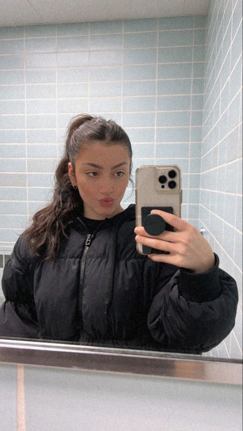 bathroom selfie, blue, mirror pic, black, puffer, neutrals, slick hair, ponytail, fashion, aesthetic, ig, inspo, fit High Ponytail Brown Hair, Ponytail Selfie, Ponytail Aesthetic, Brown Hair Ponytail, Mirror Pic Black, Slick Hair, Bathroom Selfie, Brown Hairstyles, Slicked Back Ponytail