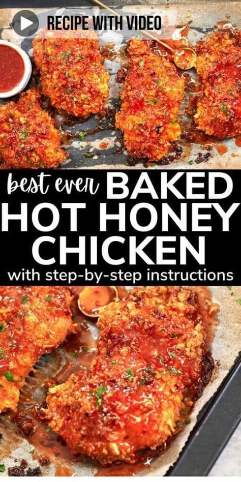 Baked Crispy Hot Honey Chicken, Honey Hoison Chicken, Gluten Free Hot Honey Chicken, Fun Dishes To Make For Dinner, Hot Honey Recipe Chicken Tenders, Caramelized Baked Chicken, Hot Honey Ground Chicken, Chicken Recipes With Hot Honey, Crispy Hot Honey Chicken