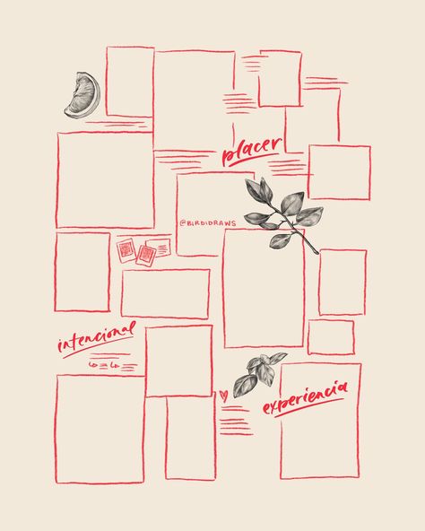 Guide on how to lay out your vision board for new years and goal planning. Square boxes indicate where images go, and lines indicate small notes or text to serve as reminders. Vision Board Illustration Art, Procreate Vision Board, Creative Vision Board Ideas Design, Digital Journal Cover Ideas, Vision Board Canvas Ideas, Hand Drawn Vision Board, Vision Board Ideas Digital, Vision Board Layout Template, Vision Board Doodles