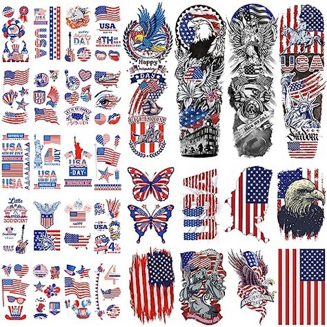 Red White And Blue Party, White And Blue Party, Tattoo Flash Sheet, Temp Tattoo, Blue Party, 4th Of July Party, Fake Tattoos, 4th July, Sleeve Tattoo