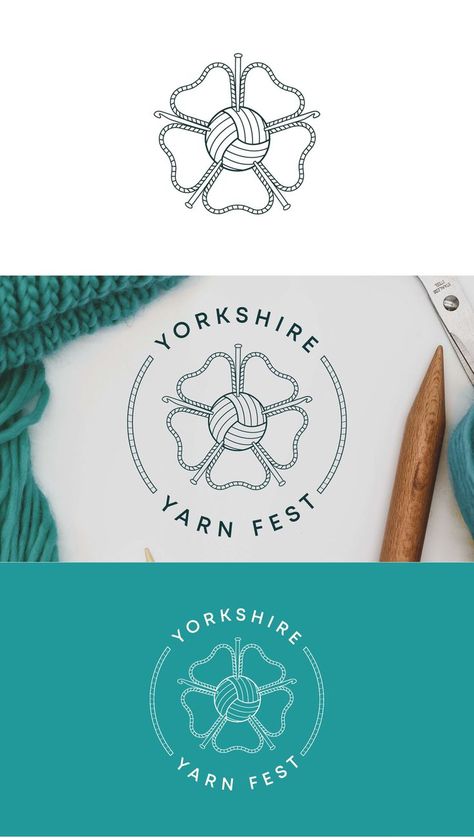 A twist on the Yorkshire Emblem, making a flower shape out of a ball of yarn in the centre and yarn forming simple petals, with crochet hooks and knitting needles sticking out to reflect the shape on the Yorkshire rose logo. Yarn Graphic Design, Textile Logo Branding, Logo For Craft Business, Croche Logo Design, Crochet Branding Identity, Crochet Logo Design Free, Crochet Logo Ideas, Crochet Logo Design, Logo For Crochet Business