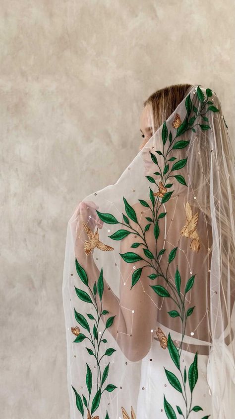 Rue De Seine Mountain Song Veil, Embroidered Vines Wedding Dress, Wedding Dresses With Leaves, Veil With Leaves, Flower Embroidered Wedding Veil, Bird Wedding Dress, Mexican Wedding Veil, Colorful Veil Wedding, Mexican Veil