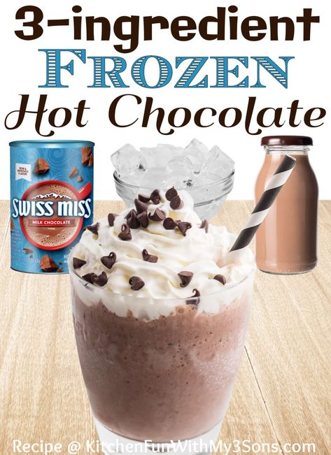 With just 3 ingredients, this Frozen Hot Chocolate is perfect for hot summer days! All you need is milk, hot cocoa mix, ice, and 5 minutes to make this cold and refreshing chocolate drink. #recipes #drinks #dessert Frozen Hot Chocolate Recipe Dq, Easy Frozen Hot Chocolate, Cold Hot Chocolate Drinks, Homemade Frozen Hot Chocolate, How To Make Cold Hot Chocolate, Hot Chocolate Frappuccino, Frozen Coffee Drinks Recipes Blenders, Frozen Hot Cocoa Recipe, How To Make Iced Hot Chocolate