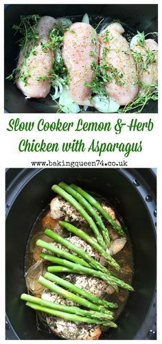 Slow Cooker Lemon and Herb Chicken with Asparagus - so easy and perfect for Spring! No need to put away your slow cooker in the warmer months Lemon And Herb Chicken, Slow Cooker Lemon Chicken, Chicken With Asparagus, Chicken And Asparagus, Vegan Steak, Lemon Herb Chicken, Paleo Crockpot, Chicken Asparagus, Herb Chicken