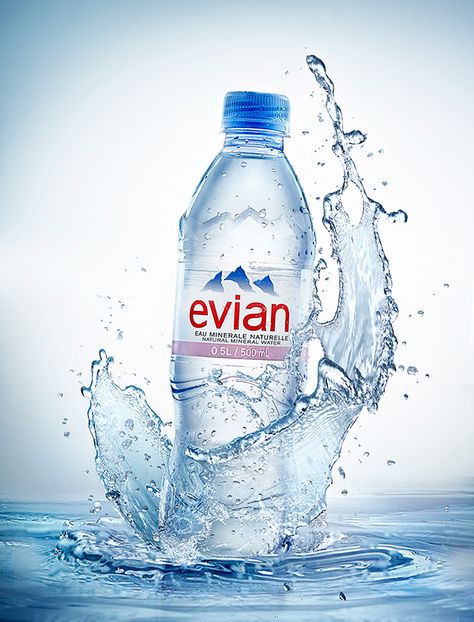 Personal Project Evian Water, Mineral Water Brands, Image Joker, Water Bottle Label Design, Mineral Water Bottle, Water Shoot, Natural Mineral Water, Water Packaging, Water Poster