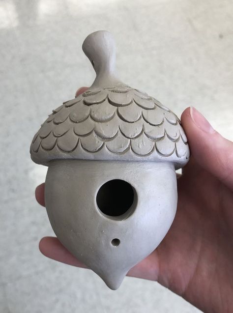 Ceramic Acorn Birdhouse | Clay ceramics, Ceramic birdhouse, Handmade clay pots Bird House Ceramics, Ceramic Birdhouse Ideas, Bird House Clay, Handmade Ceramic Planters Pottery, Diy Clay Projects Ideas, Clay Bird Feeder, Clay Birdhouse, Acorn Birdhouse, Pottery Birdhouse