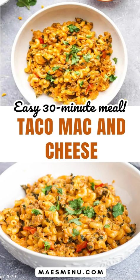 The ultimate easy comfort food recipe: Taco Mac and Cheese! This easy dinner recipe is creamy and cheesy and packed with delicoius taco flavor, it’s the ideal recipe for meal planning. Ready in just 30-minutes it’s the perfect comfort food for busy weeknights, offering a delicious twist on classic mac and cheese. Enjoy a family-friendly dinner that will have everyone asking for more! #easymeals #macandcheese #familydinners #comfortfood Taco Mac N Cheese, 30 Minute Dinner Recipes, Cheesy Dinner, Taco Mac, Taco Mac And Cheese, Cooking London Broil, Easy Comfort Food Dinners, Quick Dinner Recipes Healthy, Easy Mac N Cheese