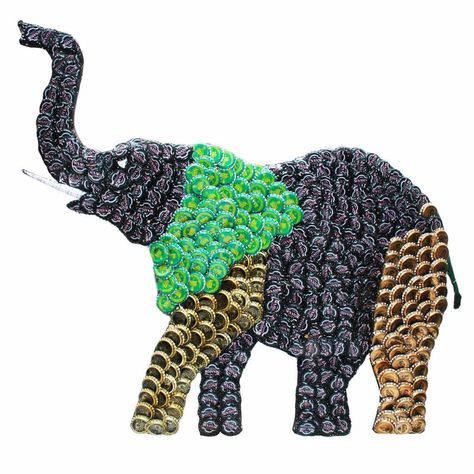 Beer Bottle Cap Art, Beer Bottle Cap Crafts, Diy Bottle Cap Crafts, Beer Cap Art, Bottle Top Crafts, Elephant Wall Decor, Cap Art, Recycled Art Projects, Beer Cap