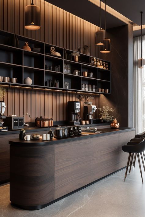 kitchen interior kitchen inspo modern design dark wood floors home inspo Slatted Wall Kitchen, Office Coffee Bar Ideas Small Spaces, Office In Kitchen, Modern Office Kitchen, Bar Counter Design Home, Modern Home Bar, Desain Pantry, Home Bar Design, Coffee Bar Home