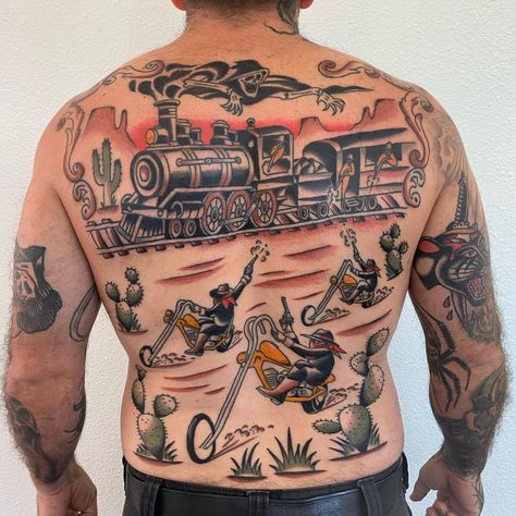 Sergey Tattoo Wizard’s Instagram photo: “Thank you so much @charlieforsythtattoo Charlie drove his 70s van from California to get a back piece and got it in two trips, sitting…” American Traditional Wild West Tattoo, American Traditional Tattoos Motorcycle, Traditional Western Back Tattoo, Cowboy Vs Indian Tattoo, Long American Traditional Tattoos, Mountain Man Tattoo, Large American Traditional Tattoo, Trailer Park Boys Tattoo, Cowboy Traditional Tattoo