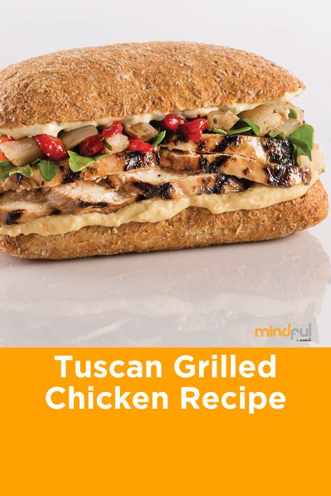 A sandwich filled with grilled chicken, hummus, bistro sauce, roasted onions and peppers on a multigrain ciabatta. Tuscan Chicken Sandwich, Tuscan Grilled Chicken, Roasted Onions And Peppers, Chicken Tuscan, Bake Off Ideas, Christmas Bake Off, Grilled Chicken Sandwich, Chicken Sandwich Recipe, Chickens In The Winter