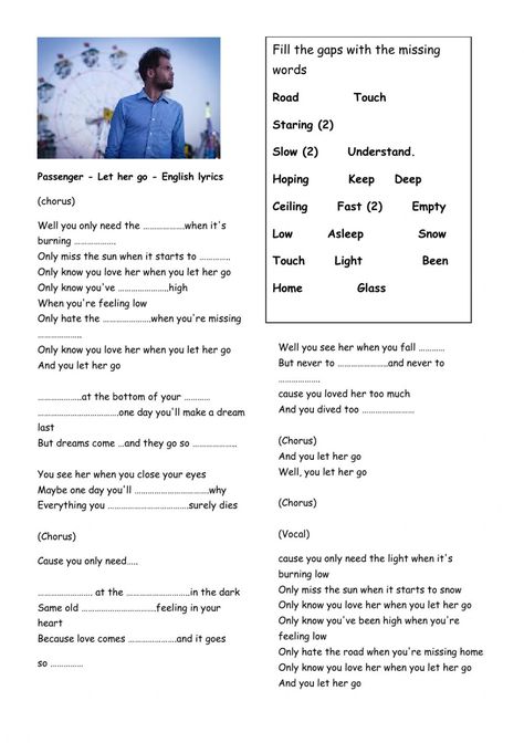 Listening comprehension interactive and downloadable worksheet. You can do the exercises online or download the worksheet as pdf. Music Listening Worksheet, Recount Text, English Liveworksheet, Song Worksheet, Listening Worksheet, Passenger Let Her Go, Listening Test, Listening Comprehension, Music Worksheets