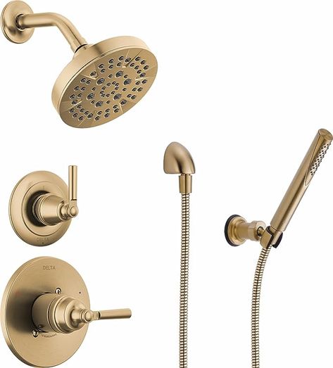 Delta Champagne Bronze Bathroom, Delta Shower Fixtures, Bronze Shower Fixtures, Gold Shower Fixtures, Champagne Bronze Bathroom, Gold Bathroom Fixtures, Delta Champagne Bronze, Brass Bathroom Fixtures, Delta Shower