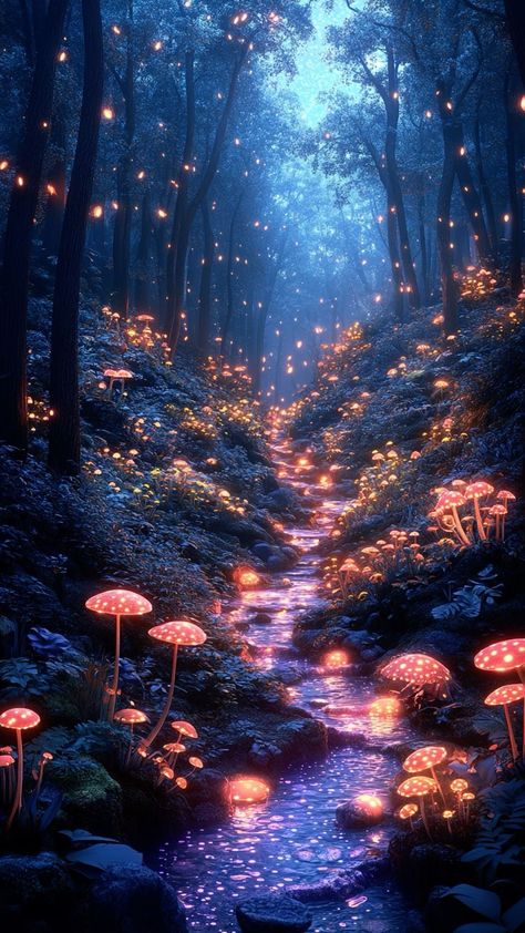 Enchanted Forest Wallpaper - Magical Glow in the Woods Magical forest Zicxa.com Whimsical Enchanted Forest, Fantasy Glowing Forest, Enchanted Forest Mushrooms, Enchanted Forest Library, Glowing Mushroom Forest, Mushroom Wallpaper Aesthetic, Bioluminescent Plants, Bioluminescent Forest, Enchanted Forest Aesthetic