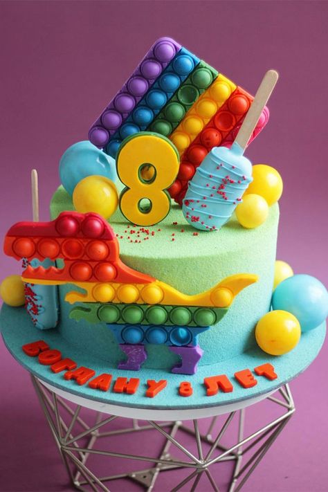 8 years old birthday cake, fidget toy birthday cake, cake ideas 2021 Pop It Birthday, Toddler Birthday Cakes, Kids Birthday Party Food, Cake Design Ideas, 8th Birthday Cake, Candy Birthday Cakes, Harry Birthday, Simple Birthday Decorations