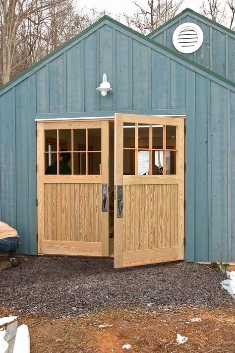 Building Custom Carriage-House Doors - Fine Homebuilding Carriage House Doors Garage, Garage Door Carriage Style, Homemade Garage Doors, Shed Door With Window, Carriage Doors Garage, Diy Carriage Garage Door, Shop Door Ideas, Shed Doors With Windows, Wood Shed Doors