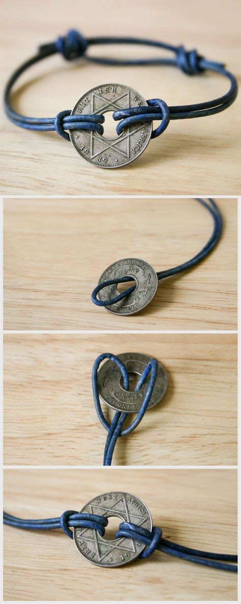 Turn a souvenir coin from your travels into a simple, attractive bracelet. (This is an antique African coin.) Sliding Knot Bracelet, Pola Macrame, Bracelet Knots, Knot Bracelet, Sliding Knot, Diy Schmuck, Jewelry Projects, Jewelry Tutorials, Leather Jewelry