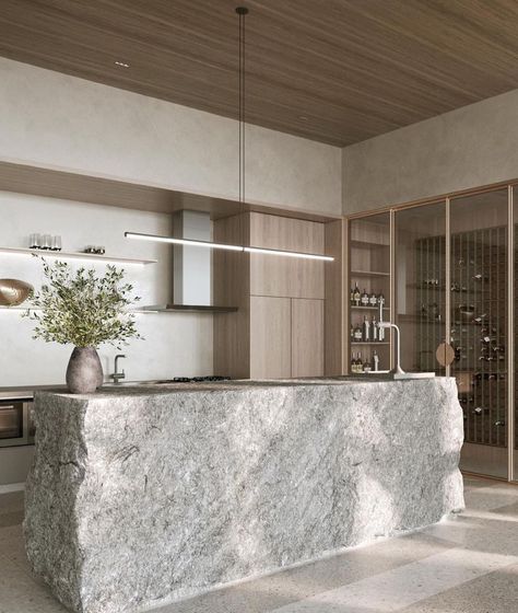 Natural Asthetik on Instagram: “It’s the stone island for me 🤍 Development @plaenge.londrina Design by @lw.designgroup Architecture by @studioronaldorezende…” Wabi Sabi Kitchen, Stone Kitchen Island, Island Pantry, Marble Island, Stone Interior, Stone Kitchen, Kitchen Marble, Island Ideas, Minimalist Kitchen