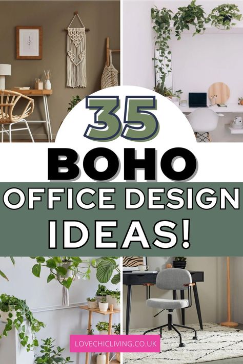 Small Office Inspo Decor, Small Office Makeover On A Budget, Black Boho Office Decor, Boho Offices Workspaces, Office Designs For Small Spaces, Green Boho Office Ideas, Cute Office Decor Ideas, Boho Office Decor At Work Professional, Boho Office Cubicle Decorating Ideas