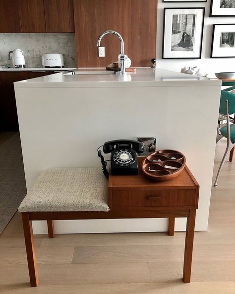 Lanoba Design on Instagram: “Vintage Danish telephone table in it's new home. Perfect color and design match with the kitchen cupboards. Love the old telephone and the…” Vintage Phone Table, Telephone Chair Makeover, Telephone Table With Seat, Vintage Telephone Table, Old Telephone, Phone Table, 3d Blender, Telephone Table, Vintage Phones