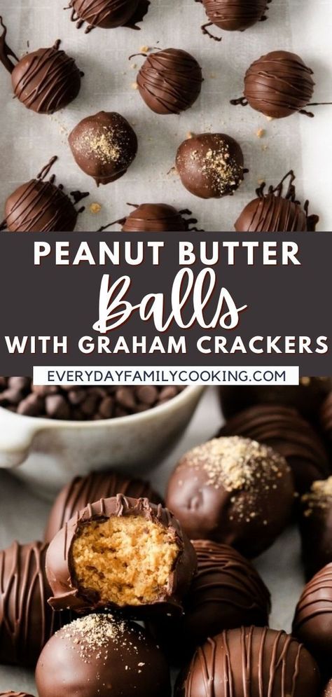 My peanut butter balls with graham crackers are filled with creamy peanut butter and crunchy graham crackers, and are dipped in chocolate! They’re so easy to put together — and they’re no-bake! Peanut Butter Chocolate Balls, Graham Cracker Dessert, Peanut Butter Balls Easy, Cracker Dessert, Graham Cracker Recipes, Peanut Butter Balls Recipe, Cracker Candy, Peanut Butter Truffles, Dipped In Chocolate