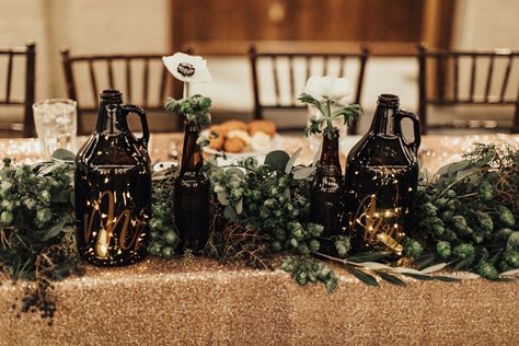 Hops In Wedding Flowers, Beer Bottle Table Decorations, Hops Wedding Decor, Brewery Centerpieces, Brewery Reception Decorations, Brewery Wedding Centerpieces, Beer Growler Centerpiece, Growler Centerpiece Wedding, Growler Decor