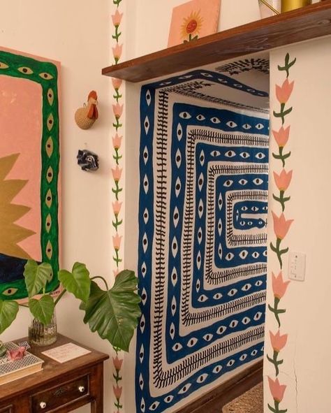 Alternative Trim Ideas, Art Deco Mural Diy Wall, Hallway Wall Mural, Mural In House, Cabinet Shelf Ideas, Hippie Wall Painting, Dresser Painting Ideas Creative, Kitchen Ideas Tiny, Painting On Furniture