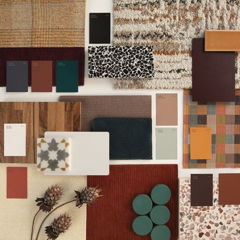 Sample Board Interior Design, Eclectic Palette, Finish Palette, Material Moodboard, Red Interior Design, Material Collage, Color Palette Interior Design, Interior Design Color Schemes, Materials Board Interior Design