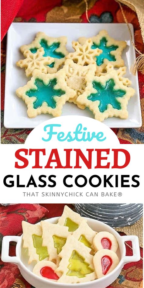 Stained Glass Cookies - Adding a little crushed candy to your sugar cookies makes for a fabulous holiday cookie! Plus they look like a stained glass window!! Perfect for holiday gifts or Christmas cookie exchanges. Check out that skinny chick can bake for more holiday sweets! Brown Appetizers, Glass Cookies Christmas, Holiday Cooking Thanksgiving, Holiday Cooking Recipes, Holiday Cooking Christmas, Glass Cookies, Cooking Desserts, Stained Glass Cookies, Cooking Party