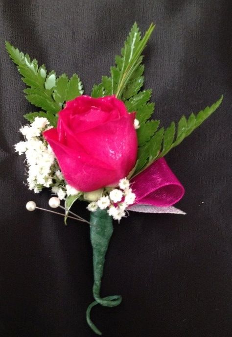 Hot pink rose boutonniere Hot Pink And Black Boutonniere, Hot Pink Rose Corsage, Hot Pink Rose Boutonniere, Hot Pink Boutonniere Prom, Hot Pink Prom Bouquet Ideas, Bright Pink Boutonniere, Hot Pink Corsage And Boutonniere Prom, Fuschia Corsage And Boutonniere, Fuschia Boutonniere