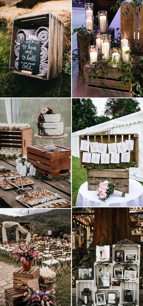 Ideas With Wood Slices, Tuscan Wedding Theme, Wooden Crates Wedding, Wood Centerpieces Wedding, Ideas With Wood, Wedding Crates, Rustic Wedding Decor Diy, Rusting Wedding, Pallet Wedding