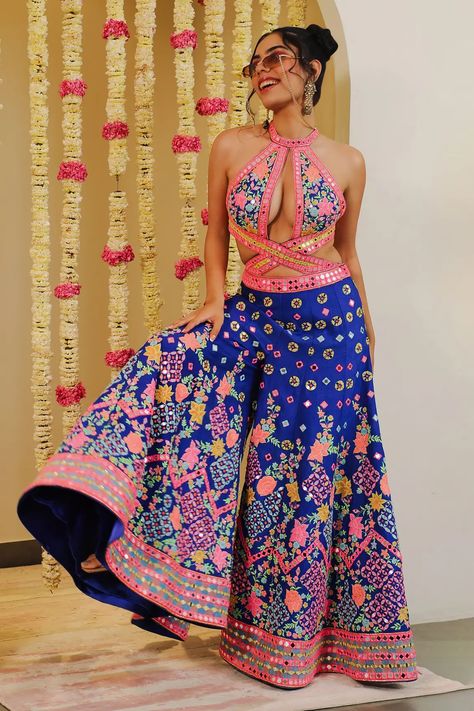 Buy Rajbinder Chahal Blue Dupion Silk Mirror Embellished Jumpsuit Online | Aza Fashions Embroidery Zardozi, Embellished Jumpsuit, Embroidered Jumpsuit, Wedding Lehenga Designs, Jumpsuit For Women, Ghagra Choli, Blue Mirror, Dupion Silk, Party Wear Indian Dresses