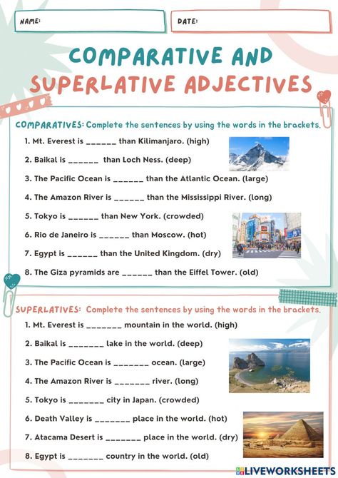 Comparatives And Superlatives, Comparatives And Superlatives Worksheets, Comparative And Superlative Worksheets, Comparative Adjectives, English For High School, Superlative Adjectives, Grammar Exercises, English For Beginners, English Activities For Kids