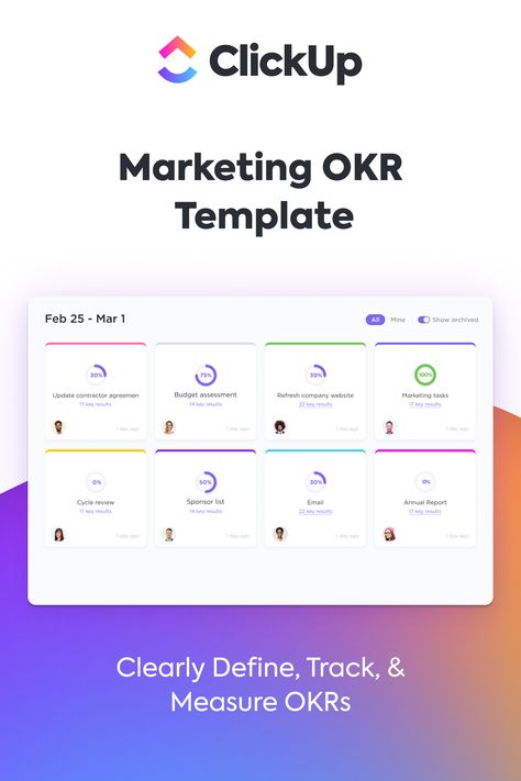 Create effective goal-setting templates for your marketing team with the Marketing OKR Template by ClickUp. Okr Template, Strategic Marketing Plan, Results Day, Budget Tracking, Goals Template, Marketing Plan Template, Team Goals, Strategic Marketing, Task Management