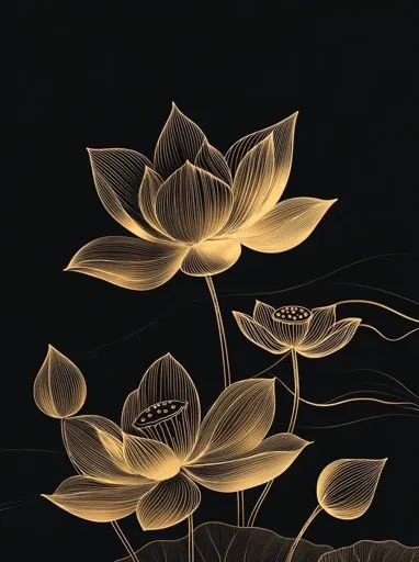 ↑↑↑ Larger size on website 🔸 A minimalist black and gold illustration of blooming lotus flowers. The intricate details of the flo Lotus Flower Illustration, Gold Illustration, Gold Lotus Flower, Blooming Lotus, Gold Lotus, Lotus Flowers, Gold Line, Flower Illustration, Gold Details