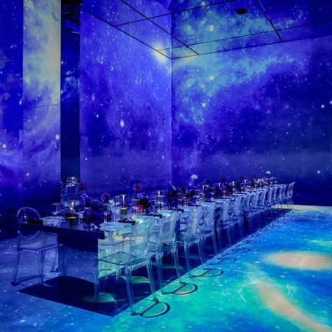 A dinner in stardust for Cult Beauty cosmo themed advent calendar ✨🎄🌙 #cultbeauty #beautyproducts #adventcalendar #cultbeautyadventcalendar #beautyadventcalendar #events #london #magical #cosmictheme #christmas #stardust #cosmiccocktails #flowers #tablesettings Galaxy Themed Event, Christmas Space Theme, Cosmic Wedding Decor, Galaxy Event Decor, Metaverse Theme Party, Galaxy Theme Fashion Show, Galaxy Stage Design, Cosmic Christmas, Galaxy Event