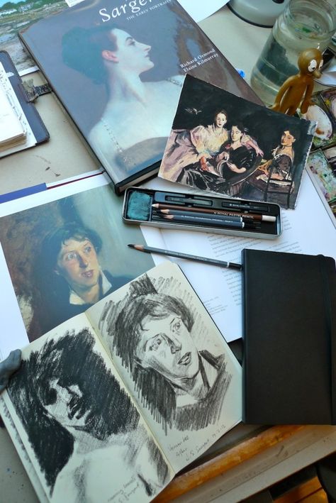 Charcoal Artist Aesthetic, Study Art Aesthetic, Books On Table, Aesthetic Dark Feminine, Vibes Coquette, Table Drawing, Art Academia, Artsy Aesthetic, John Singer Sargent