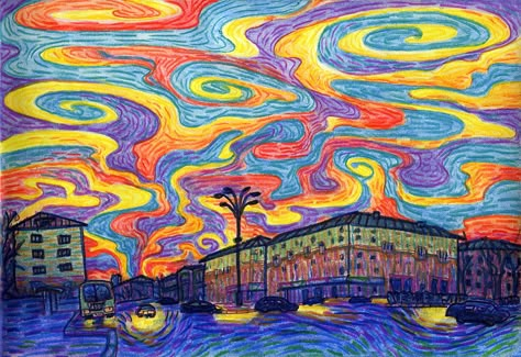 sunset drawing impressionism Surreal Colored Pencil Drawing, Pastel Coloring Drawing, Two Color Drawing, Colored Pencil Nature Art, What To Draw With Colored Pencils, How To Draw Sunset, Abstract Colored Pencil Art, Drawing Ideas With Colored Pencils, Sketches With Color