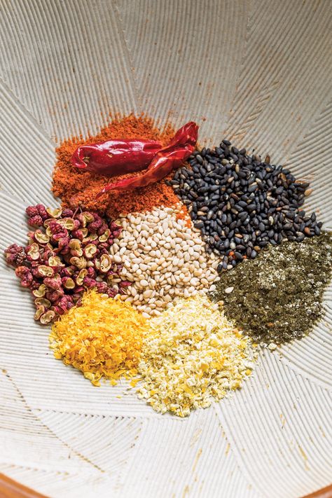 The classic shichimi togarashi combination is red chiles, sansho pepper, black sesame seeds, poppy seeds, hemp seeds, nori, and tangerine peel. This seasoning can be used in soups, noodles, grilled foods like yakitori, rice, and salads. Shichimi Togarashi Recipe, Togarashi Recipe, Shichimi Togarashi, Grilled Foods, Black Sesame Seeds, Vegan Cookbook, Spiced Coffee, Black Sesame, Dairy Free Options