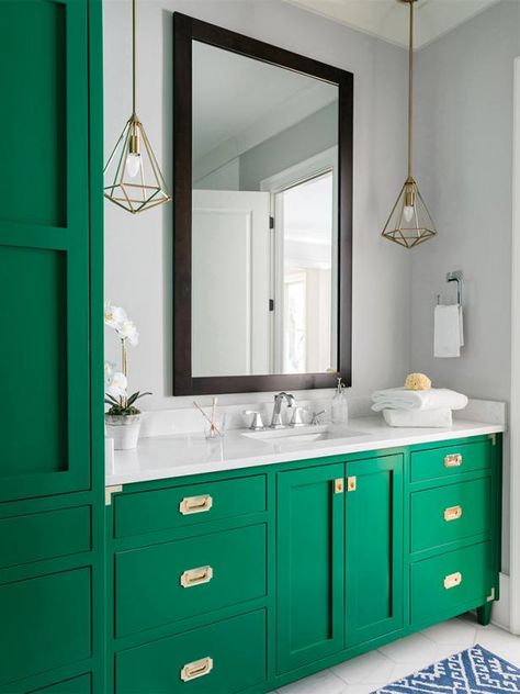 From Mint to Emerald: Our Favorite Ways to Decorate With Green | HGTV Wicker Table And Chairs, Green Bathroom Vanity, Bath Trends, Green Vanity, Green Living Room, Transitional Bathroom, Green Paint Colors, Green Cabinets, Bathroom Redo