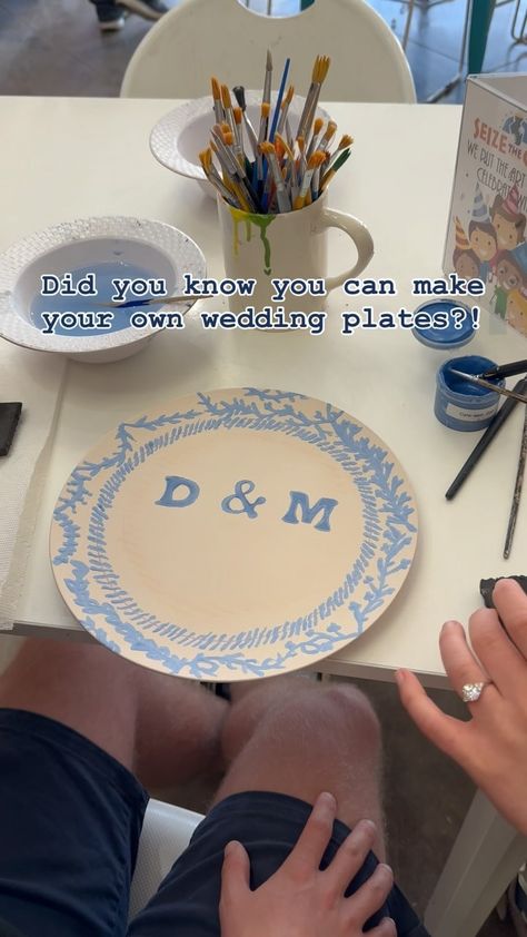 This precious couple decided to make their own wedding plates! How sweet! They collected vintage china for the reception and wanted to… | Instagram Wedding Gift Painting Ideas, Paint Your Own Plate, Couple Pottery Painting Ideas, Wedding Pottery Painting Ideas, Anniversary Pottery Painting, Wedding Cake Plate For Bride And Groom, Wedding Plates Ideas, Vintage Plate Wedding, Wedding Plates Diy