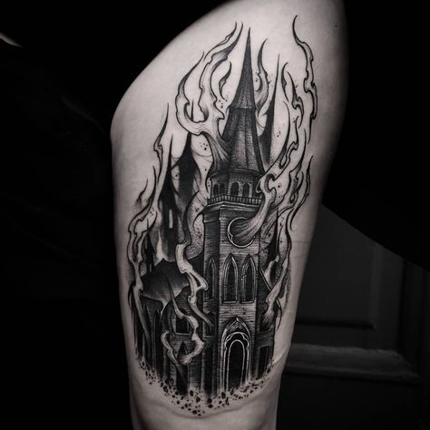 Yesterday I tattooed my first burning church ⛪ Danke Shira!, done @der_grimm_tattoo with EZTATTOOING cartridges @eztattooing #eztattooing… Tortured Soul Tattoo, Castle On Fire Tattoo, Burning Cathedral Tattoo, Burning Castle Tattoo, Church On Fire Tattoo, Burning Church Drawing, Gothic Church Tattoo, Burning Church Tattoo Design, Gothic Cathedral Tattoo