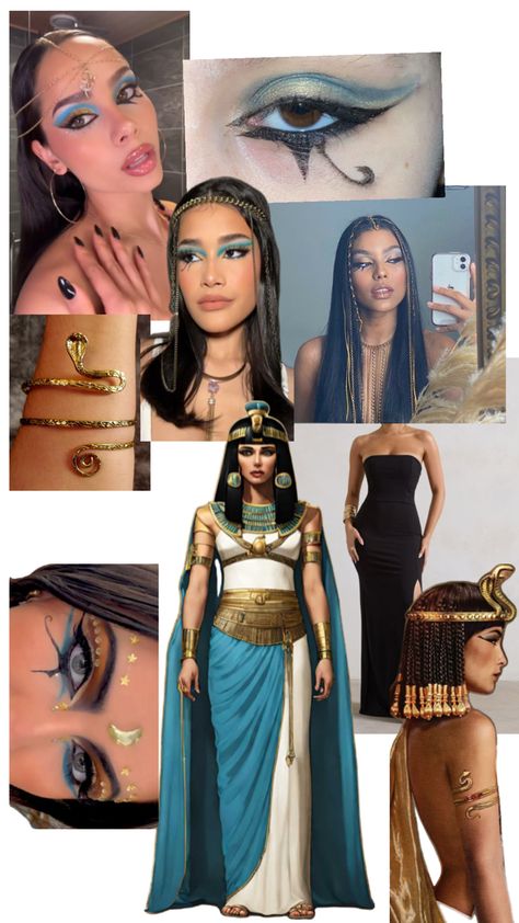 Ancient Egyptian Makeup Look, Egyptian Goddess Costume Halloween, Cleopatra Nails Egypt, Diy Egyptian Goddess Costume, Ancient Egyptian Makeup, Cleopatra Cosplay, Goddess Costume Halloween, Egyptian Halloween Costume, Cleopatra Outfit