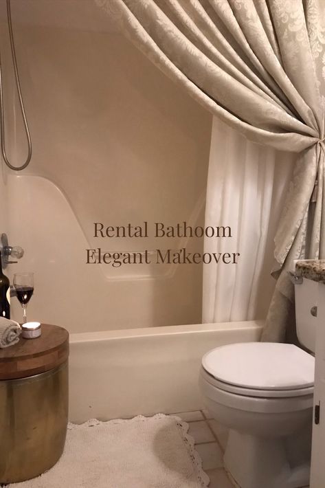 rental bathroom elegant makeover Fancy Shower Curtain Ideas, French Country Bathroom Curtains, Classy Guest Bathroom, Bathroom With Long Shower Curtain, Chic Shower Curtain Ideas, Classy Shower Curtain Ideas, Elegant Shower Curtain Ideas, French Country Shower Curtain, Shower Curtain Ideas Bathroom