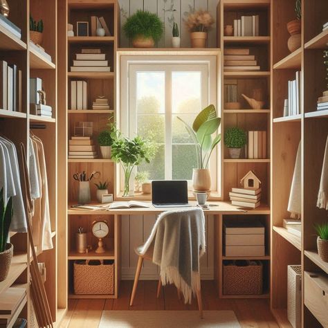 Closet Office Small Office And Wardrobe Room, Closet And Study Room, Half Closet Office Ideas, Desk Closet Combo, Coat Closet Into Office, Desk In Master Closet, Reach In Closet Office, Home Office Closet Organization Ideas, Closet Office Ideas Small Diy