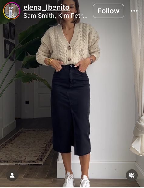 Demin Skirt Outfit, Midi Skirt Outfit Winter, Denim Midi Skirt Outfit, Black Denim Skirt Outfit, Long Denim Skirt Outfit, Black Denim Midi Skirt, Skirt Outfit Casual, Spring Skirt Outfits, Skirt Outfit Summer