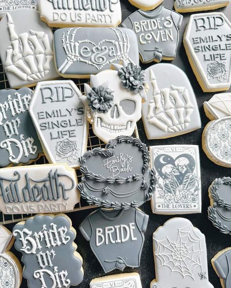 Corpse Bride Wedding, Bride Cookies, Wedding Shower Cookies, Bachelorette Cookies, Engagement Cookies, Royal Icing Sugar, Chelsea Wedding, Halloween Themed Wedding, Bridal Shower Cookies