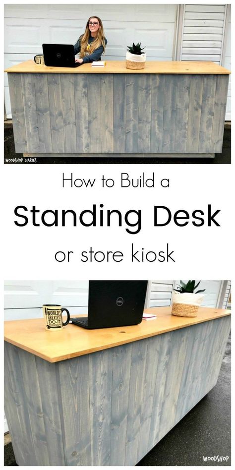 How to Build Your Own DIY Standing Desk Kiosk With Hidden Storage Reception Desk Plans, Standing Desk Plans, Diy Standing Desk Plans, Reception Desk Diy, Diy Standing Desk, Receptionist Desk, Diy Counter, Retail Counter, Desk Diy